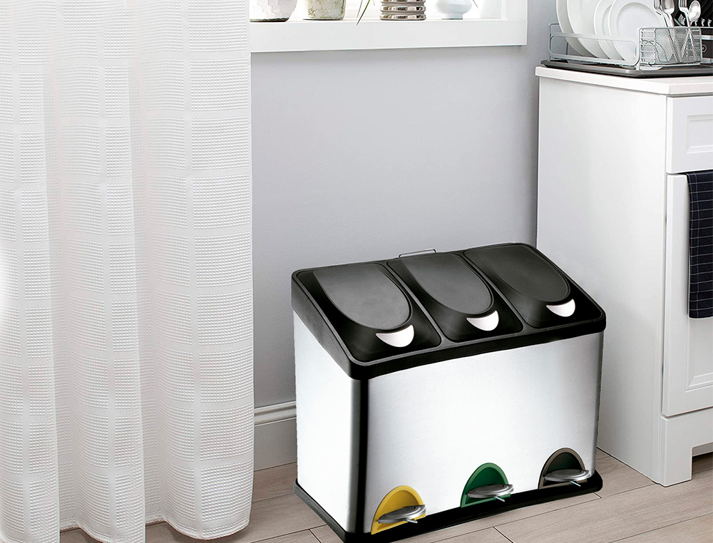 POUBELLE Q-CONNECT MÉTALLIQUE PÉDALE COUVERCLE PLASTIQUE 45L 3 COMPARTIMENTS 15L
