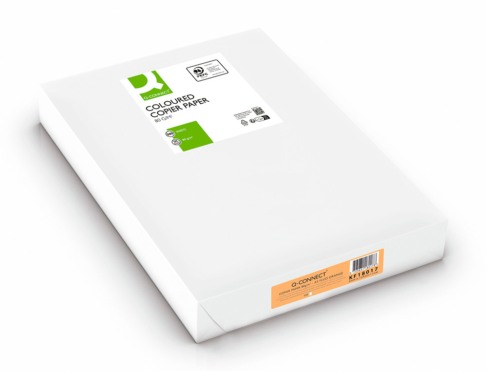 PAPIER COULEUR Q-CONNECT MULTIFONCTION A3 80G/M2 UNICOLORE ORANGE NÉON RAMETTE 500 FEUILLES