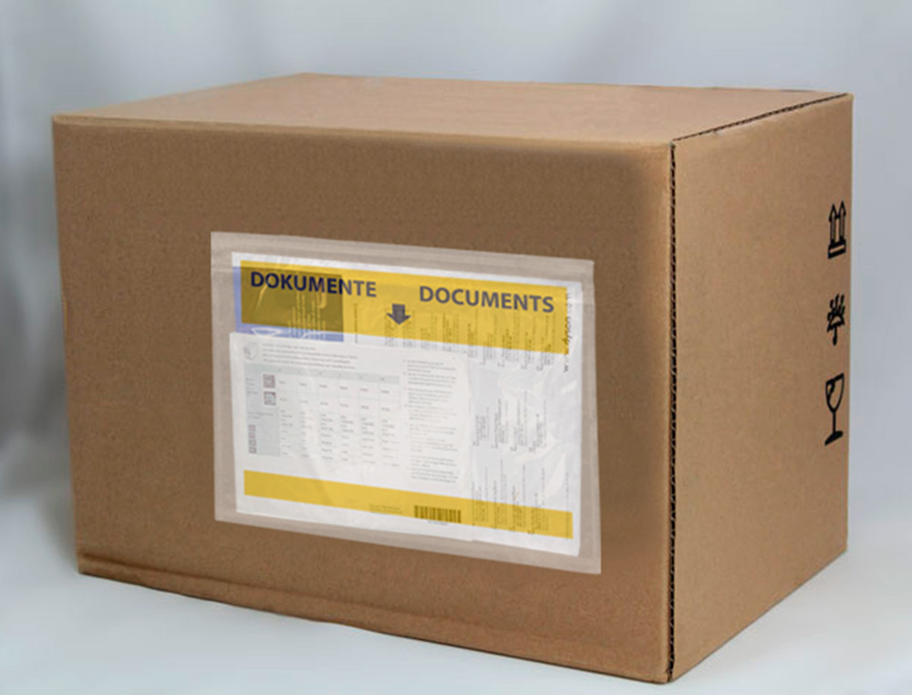 POCHETTE PORTE-DOCUMENTS Q-CONNECT 165X122MM AUTO-ADHESIVE TRANSPARENTE TEXTE FRANCAIS ALLEMAND BOITE 100 UNITES
