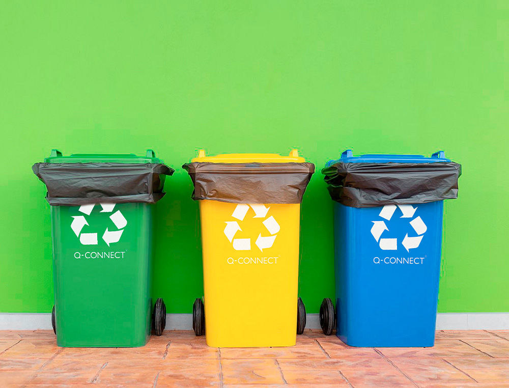 POUBELLE Q-CONNECT CONTENEUR PLASTIQUE COUVERCLE 100L 470X750X370MM PAPIER CARTON COLORIS BLEU