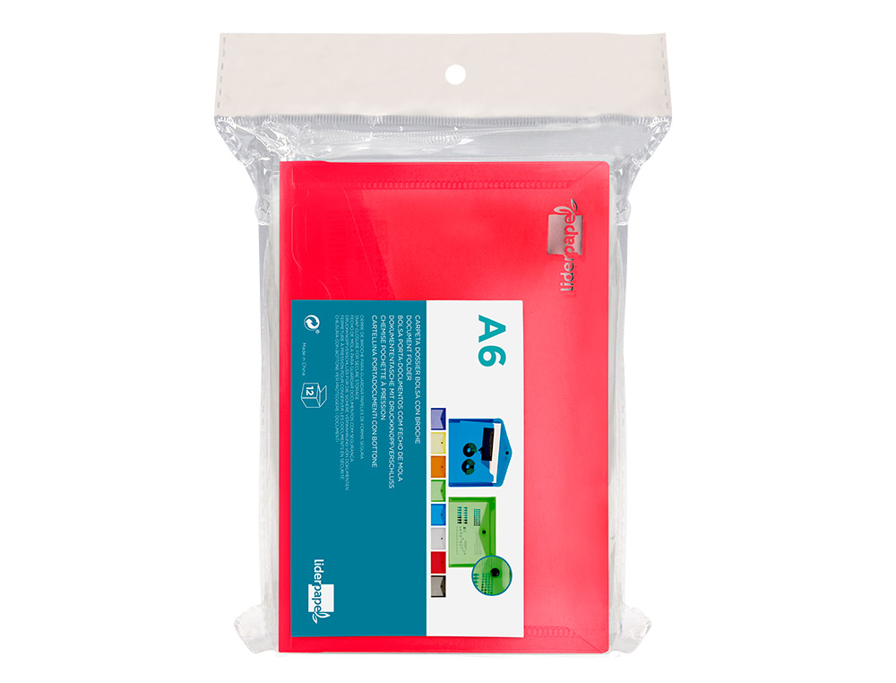 POCHETTE ENVELOPPE LIDERPAPEL POLYPROPYLÈNE 180 MICRONS A6 148X105MM 50F FERMETURE BOUTON TRANSPARENT ROUGE