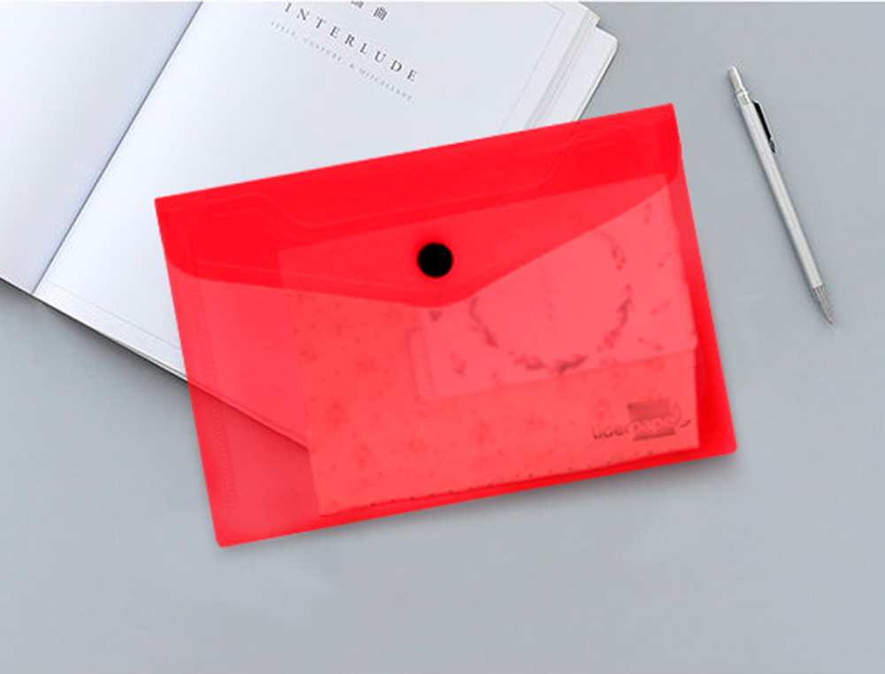 POCHETTE ENVELOPPE LIDERPAPEL POLYPROPYLÈNE 180 MICRONS A6 148X105MM 50F FERMETURE BOUTON TRANSPARENT ROUGE