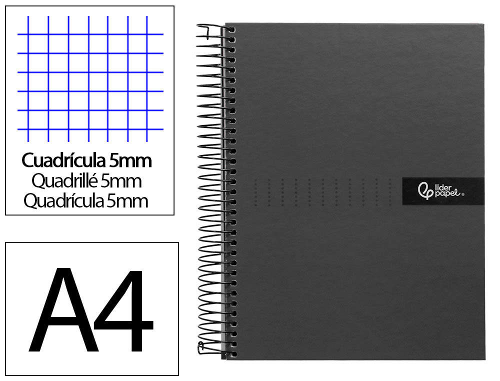 CAHIER SPIRALE LIDERPAPEL CRAFTY COUVERTURE CONTRECOLLE A4 240P 90G/M2 5X5MM MICROPERFOR4 TROUS COLORIS NOIR