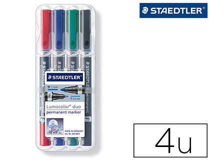 MARQUEUR STAEDTLER PERMANENT LUMOCOLOR DUO MULTI-USAGES DOUBLE POINTE 0.6 ET 1.5MM ENCRE DRY SAFE TUI CHEVALET 4 UNITS
