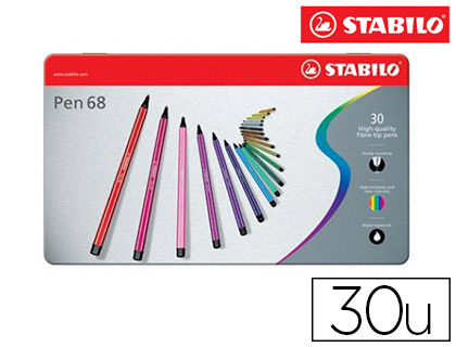FEUTRE COLORIAGE STABILO PEN 68 ENCRE AQUARELLABLE POINTE OGIVE BLOQUE BOTE MTAL 30 UNITS