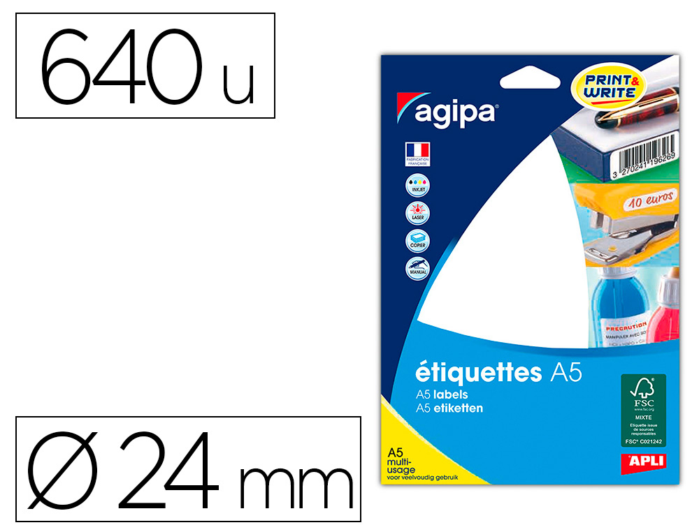 PASTILLE ADHSIVE APLI AGIPA DIAMTRE 24MM PERMANENTE COLORIS BLANC TUI A5 640 UNITS