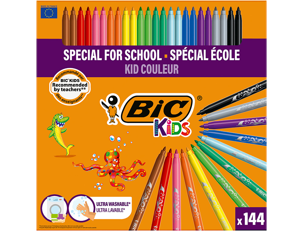 FEUTRE BIC KIDS COLORIAGE ENCRE ULTRA-LAVABLE CAPUCHON VENTIL POINTE BLOQUE DCOR FANTAISIE PACK SCOLAIRE 144 UNITS