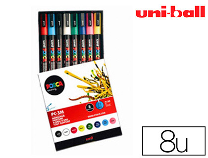 HYPERBURO  MARQUEUR POSCA PC3M GOUACHE ENCRE INODORE TOUTES SURFACES POINTE  FINE CONIQUE COLORIS ASSORTIS ÉTUI 8 UNITÉS