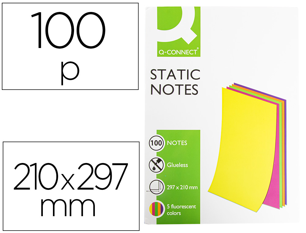 BLOC NOTES Q-CONNECT QUICK NOTES 210x297M 100F ELECTRO   STATIQUES REPOSITIONABLES     COLORIS NEON