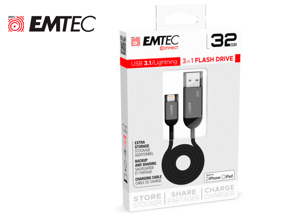 HYPERBURO  CLE USB DUAL EMTEC 3.1 GEN1 T750A LIGHTNING CORPS METAL LOGO  GRAVURE LASER CAPACITE 32GB COMPATIBLE EMTEC CONNECT