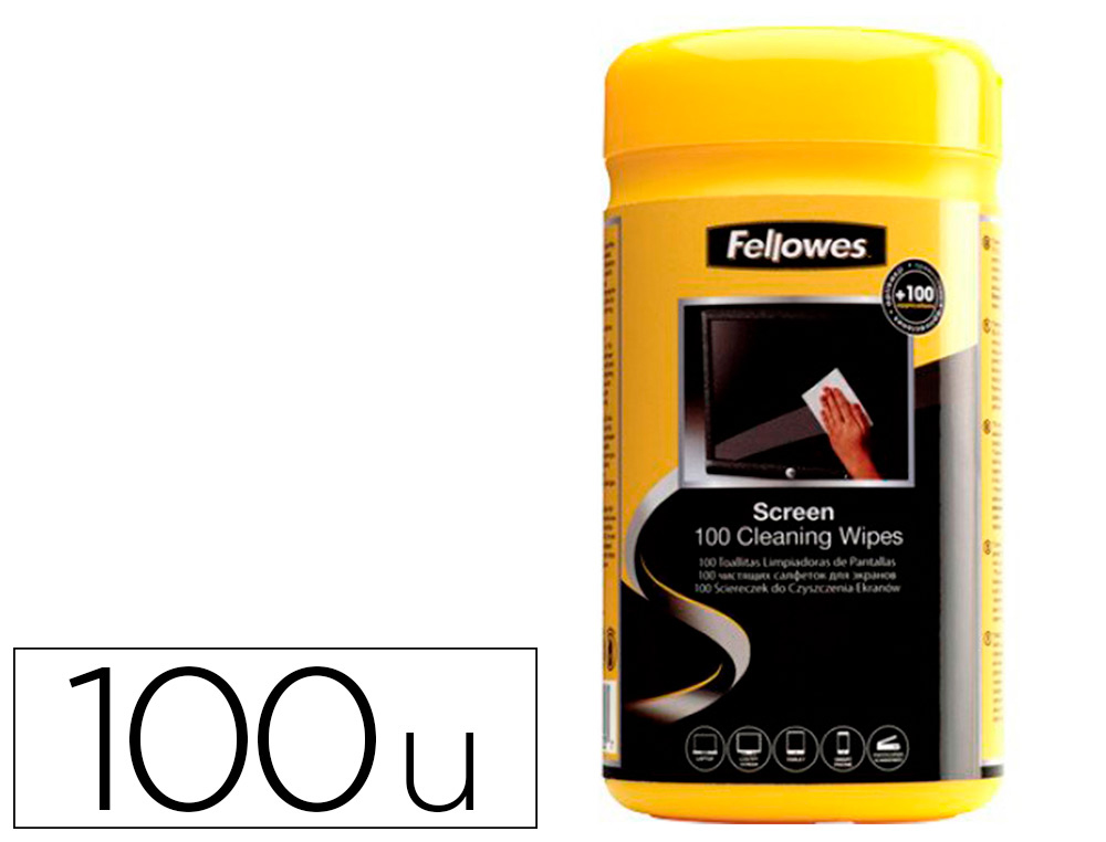 HYPERBURO  LINGETTE NETTOYANTE FELLOWES ECRAN TABLETTE PRE-IMPREGNEE  FIBRES BIODEGRADABLES ANTISTATIQUE BOITE 100 UNITES