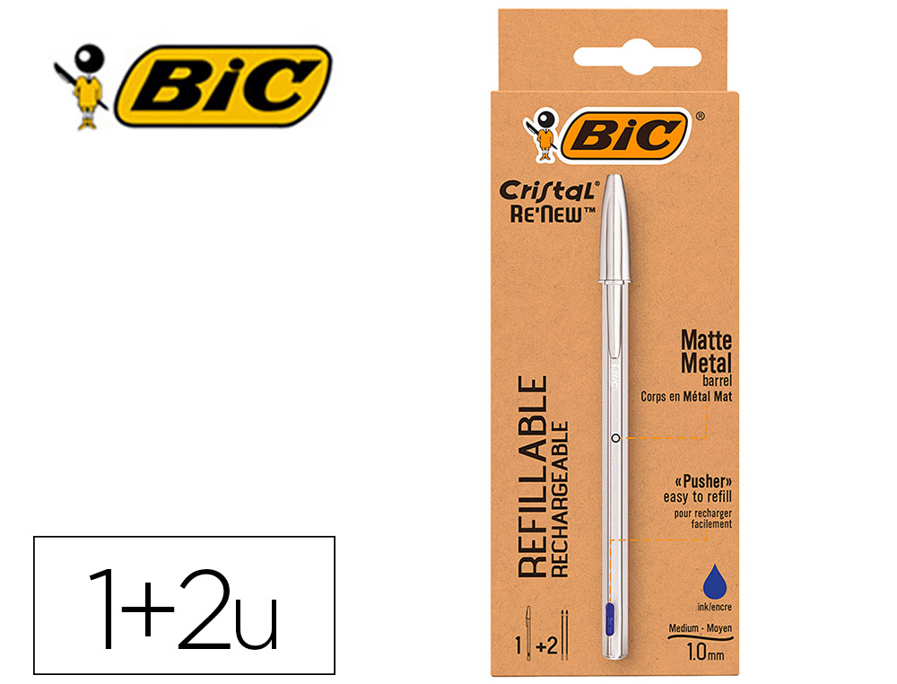 STYLO-BILLE BIC CRYSTAL RENEW CORPS METAL ARGENT CAPUCHON   POINTE MOYENNE 1MM RECHARGEABLE + 2 RECHARGES BLEU