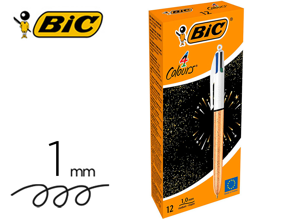 HYPERBURO  STYLO-BILLE BIC 4 COULEURS FESTIF RETRACTABLE RECHARGEABLE  POINTE MOYENNE 1MM CORPS LARGE BLANC/DORE