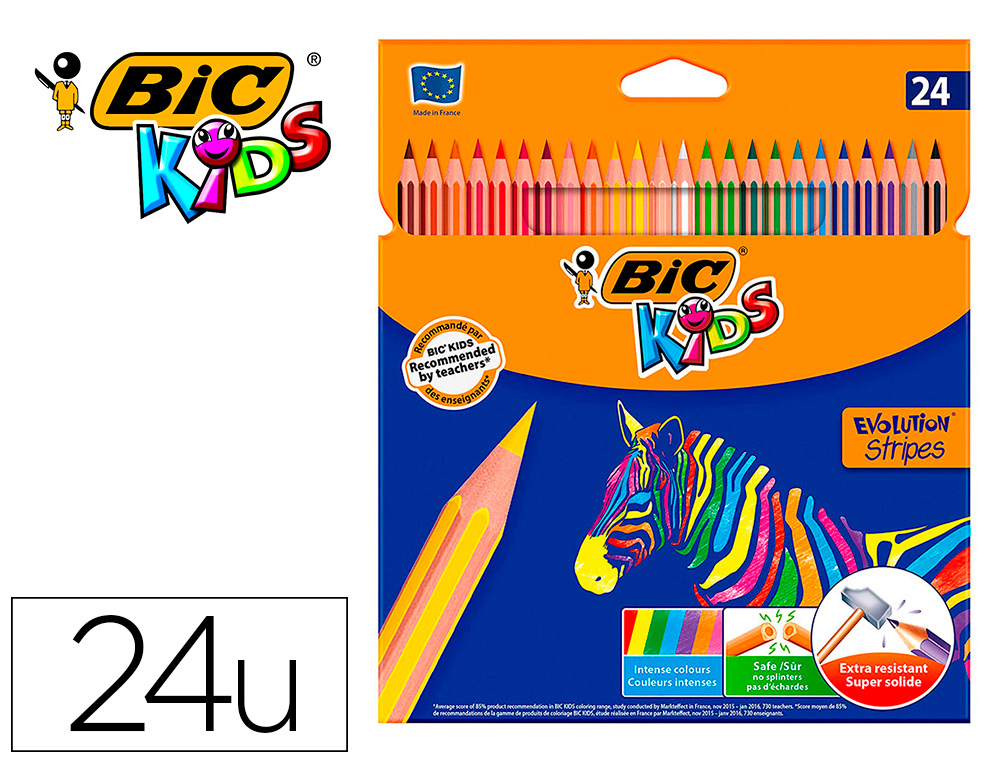 CRAYON DE COULEUR BIC BOIS FSC MINE HAUTE RESISTANCE AUX CHOCS COULEURS MISCIBLES ETUI 24 UNITES
