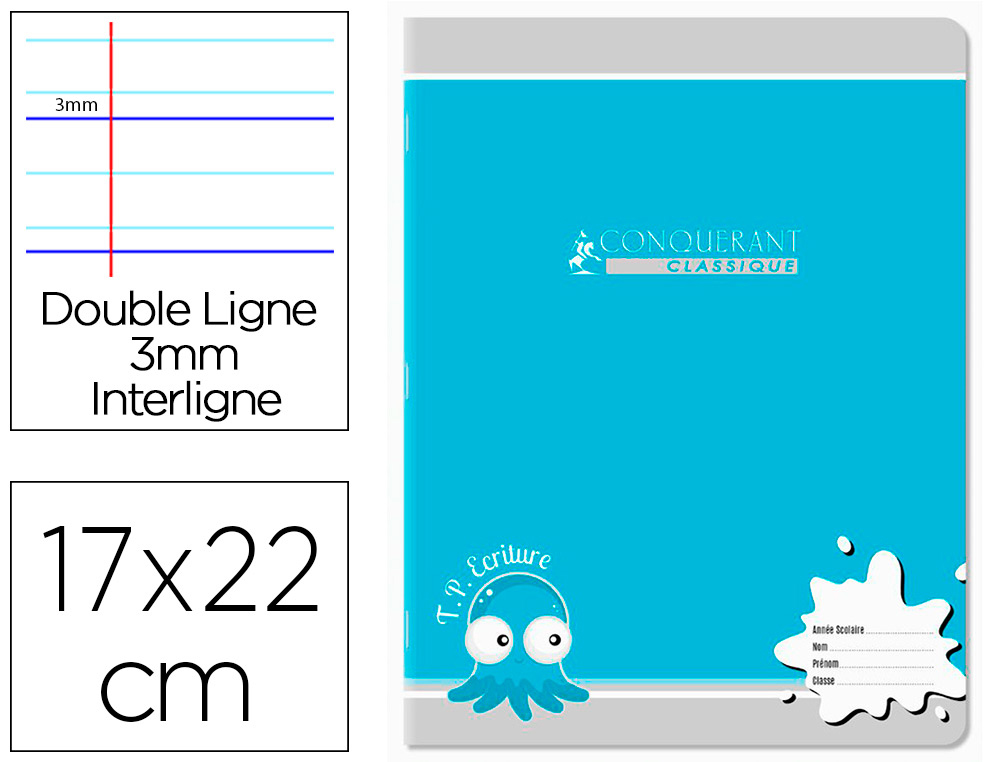 CAHIER TRAVAUX PRATIQUES CONQUERANT AGRAFE COUVERTURE  CARTE 17X22CM 32 PAGES UNIES  DOUBLE LIGNE 3MM 90G