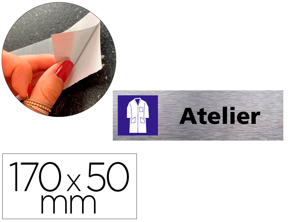 PLAQUE DE PORTE ATELIER SIGNALETIQUE BIZ PICTOGRAMME  EN ALUMINIUM BROSSE DOUBLE    FACE AUTOCOLLANT DOS 170X50MM
