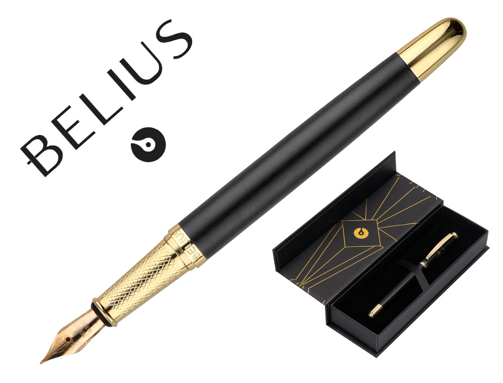 STYLO-PLUME BELIUS SOIREE ALUMINIUM DETAILS ET ATTRIBUTS OR ENCRE BLEUE COLORIS NOIR DANS COFFRET CADEAU