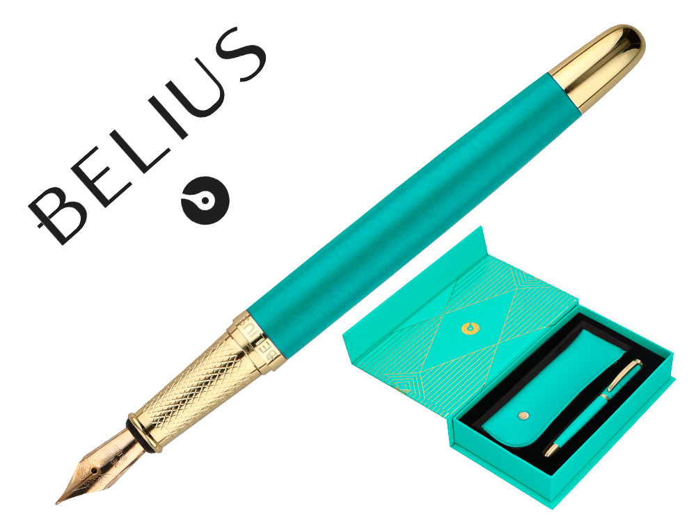 STYLO-PLUME ET ETUI SIMILI CUIR BELIUS SOIREE ALUM. DETAILS ET ATTRIBUTS OR ENCRE BLEUE COLORIS TURQUOISE COFFRET CADEAU