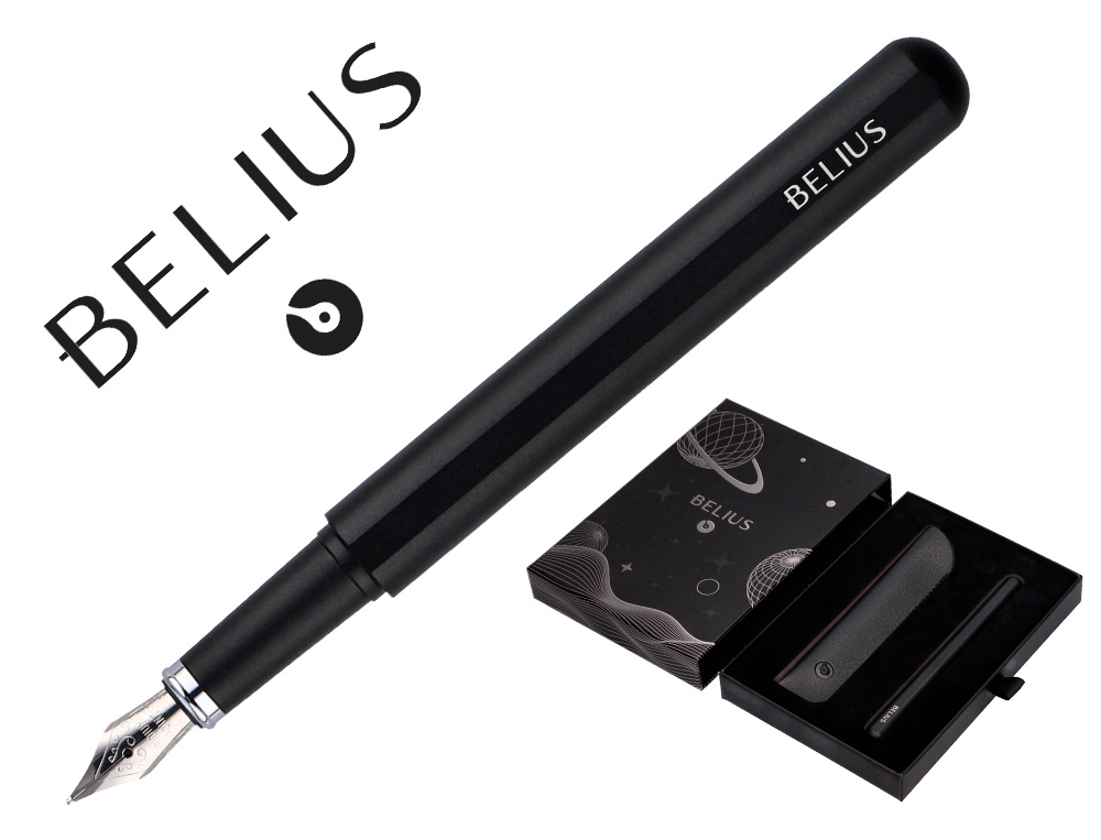 STYLO-PLUME ET ETUI EN SIMILI CUIR BELIUS SPACE B MONOCHROME SANS AGRAFE ENCRE BLEUE COLORIS NOIR DANS COFFRET CADEAU