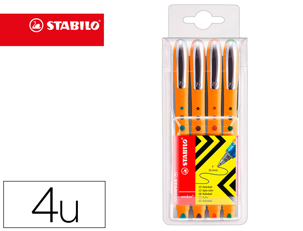 ROLLER STABILO WORKER POINTE FINE 0,3MM ENCRE EXTRA FLUIDE GRIP ANTIDERAPANT COLORIS     ASSORTIS PACK DE 4
