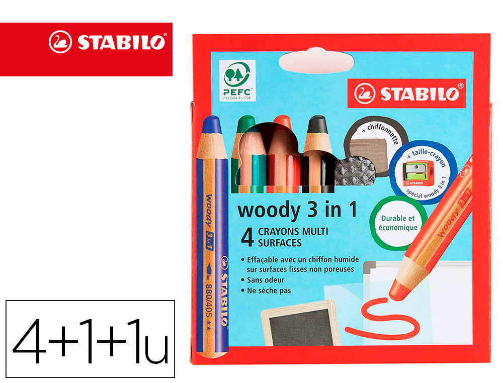 CRAYON COULEUR STABILO WOODY MULTI-TALENTS 4 CRAYONS + 1   TAILLE-CRAYON + 1             CHIFFONNETTE POCHETTE DE 4