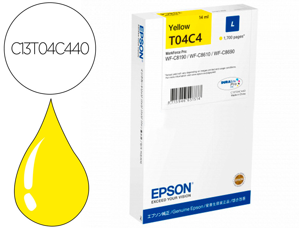 CARTOUCHE EPSON JET D'ENCRE T04C4 COULEUR JAUNE 1700 PAG