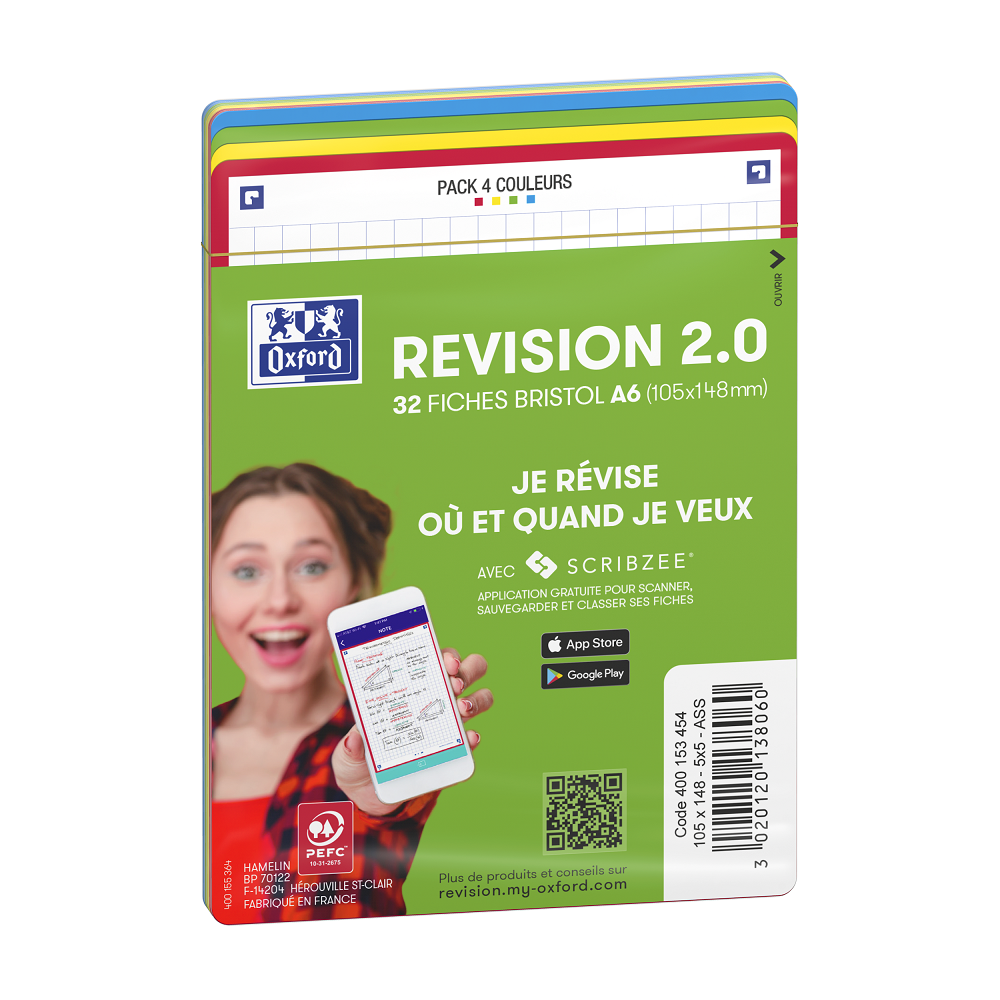 HYPERBURO  FICHES BRISTOL OXFORD REVISION 2.0 A6 NON PERFOREE 32  FICHES/FILM Q5X5 COULEURS ASSORTIES