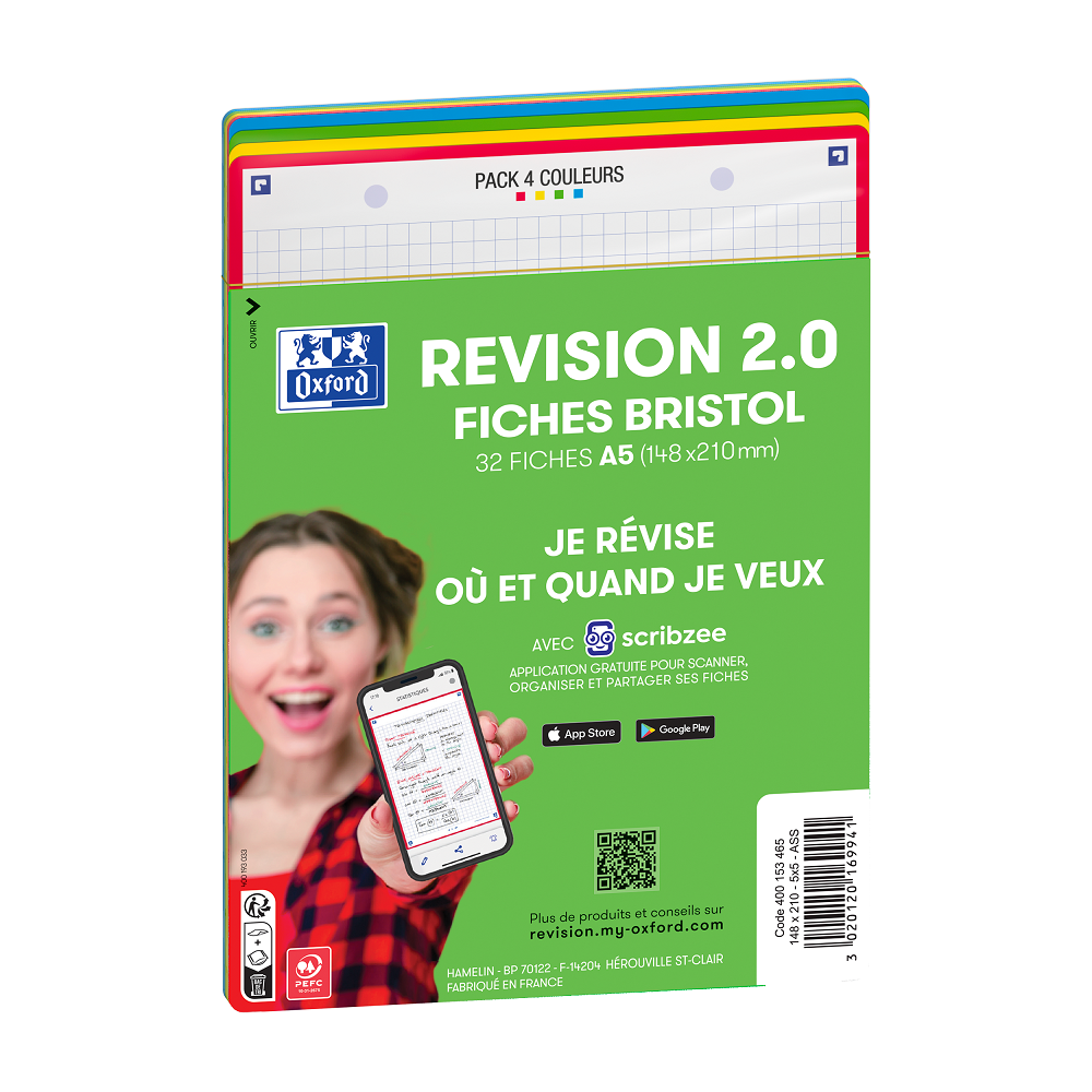 HYPERBURO  FICHES BRISTOL OXFORD REVISION 2.0 A5 PERFOREE 32 FICHES/FILM  Q5X5 COULEUR ASSORTIES