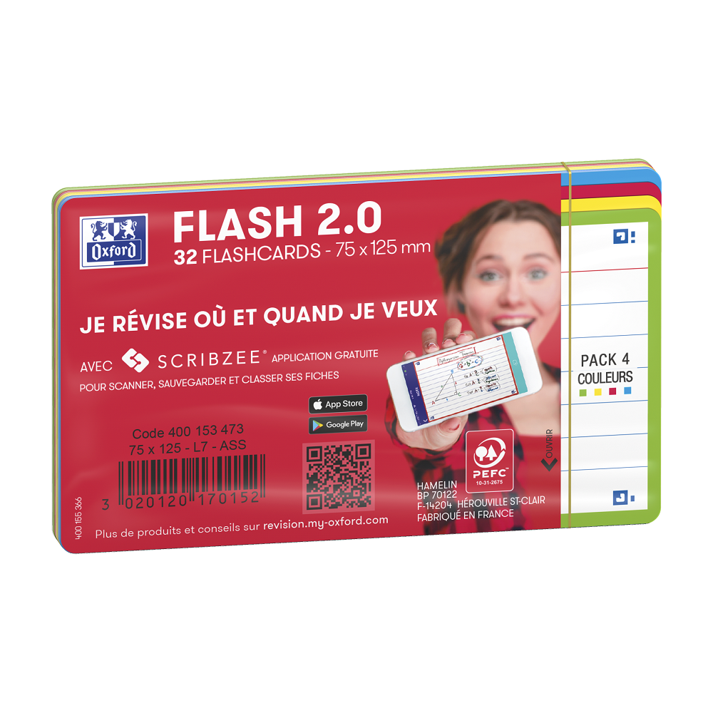 HYPERBURO  FICHES BRISTOL OXFORD FLASH 2.0 75X125MM 32 FICHES/FILM L7MM  COULEUR ASSORTIES