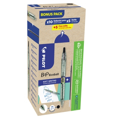 PACK PILOT BEGREEN B2P ECOBALL 10 STYLOS-BILLE POINTE MOYENNE + 10 RECHARGES NOIR