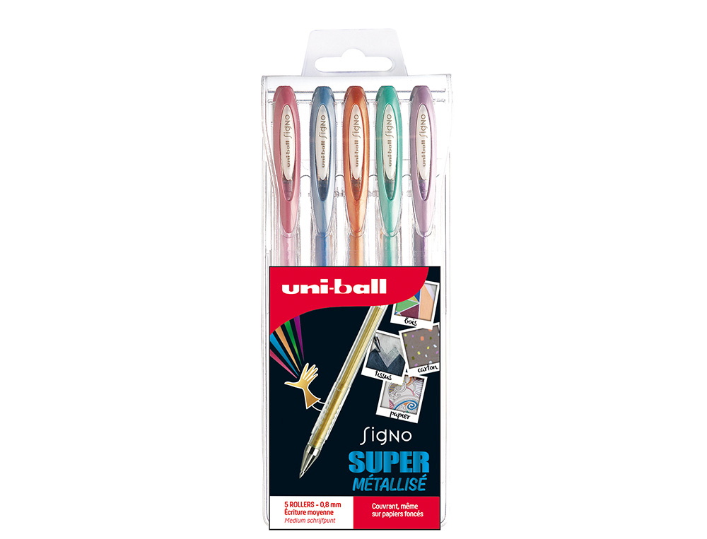 ROLLER UNIBALL SIGNO BROAD ENCRE GEL ECRITURE MOYENNE    COULEURS ASSORTIES METALLISEE POCHETTE DE 5