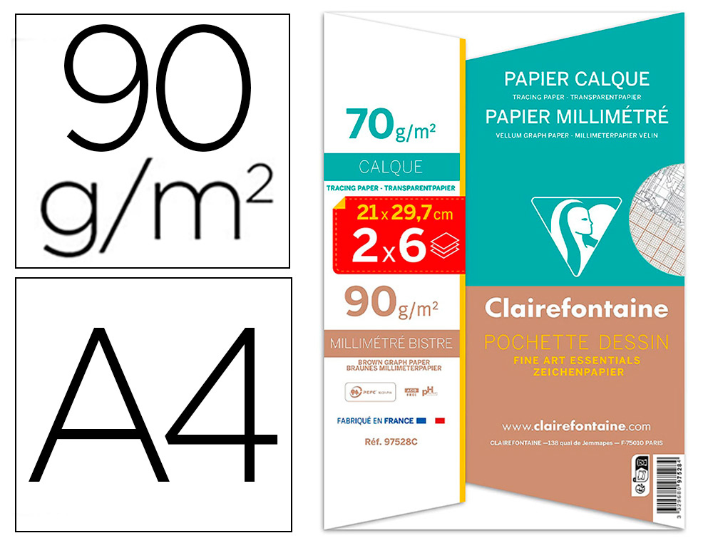 POCHETTE CLAIREFONTAINE A4 12F: 6F PAPIER CALQUE70G+6F   PAPIER MILIM TR