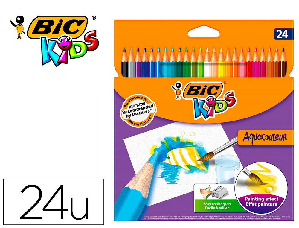 CRAYON DE COULEUR BIC AQUACOULEUR - CORPS HEXAGONAL EN BOIS 24 COULEURS VIVES