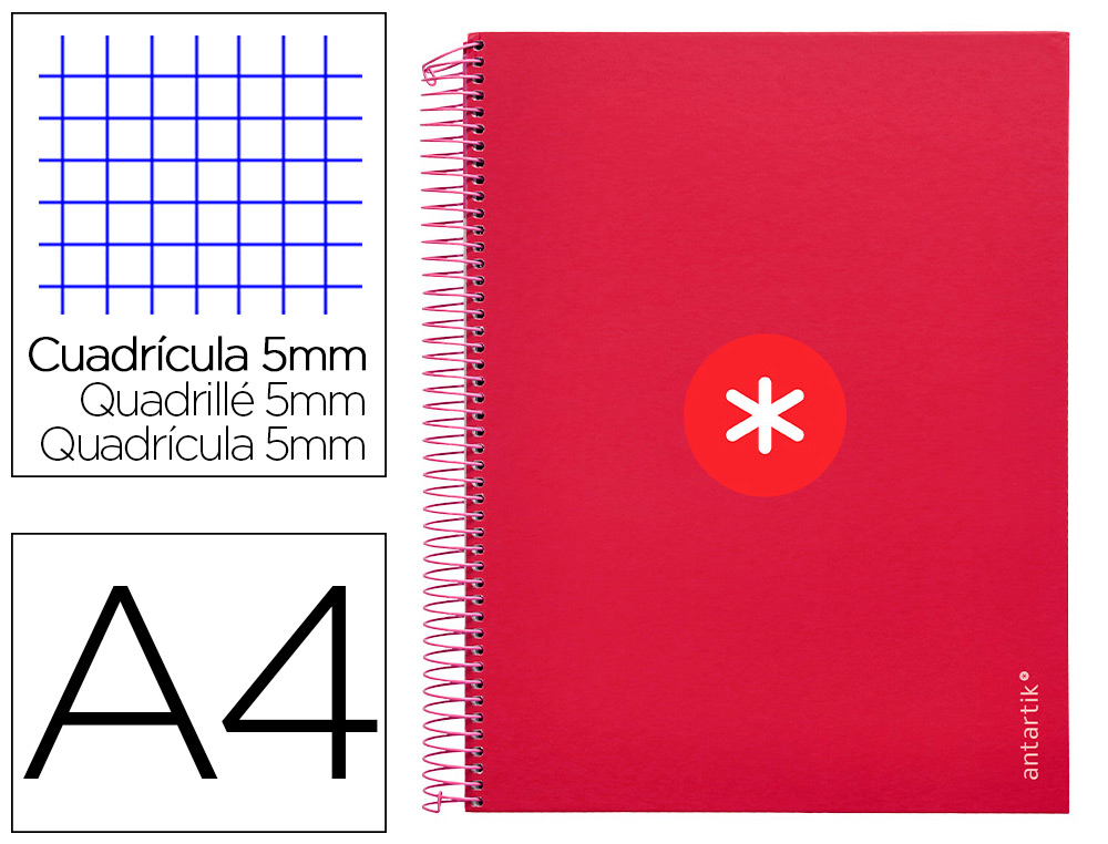 CAHIER SPIRALE ANTARTIK A4 240P 100G REMBORDE 5X5MM      MICROPERFORE 5 BANDES 4 TROUS COLORIS FRAMBOISE