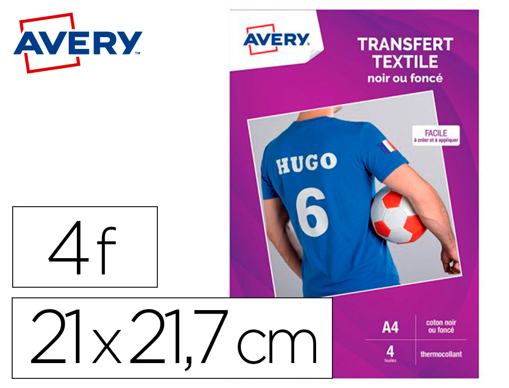 HYPERBURO  TRANSFERT TEXTILE AVERY A4 JET D ENCRE PAQUET DE 4 COLORIS NOIR  OU FONCE