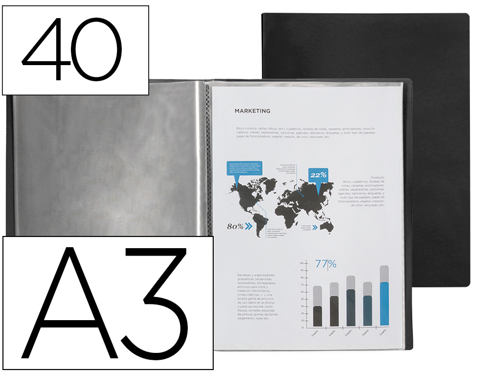 PROTEGE-DOCUMENTS LIDERPAPEL POLYPROPYLENE COUVERTURE      FLEXIBLE 40 POCHETTES FIXES   A3 COLORIS NOIR OPAQUE