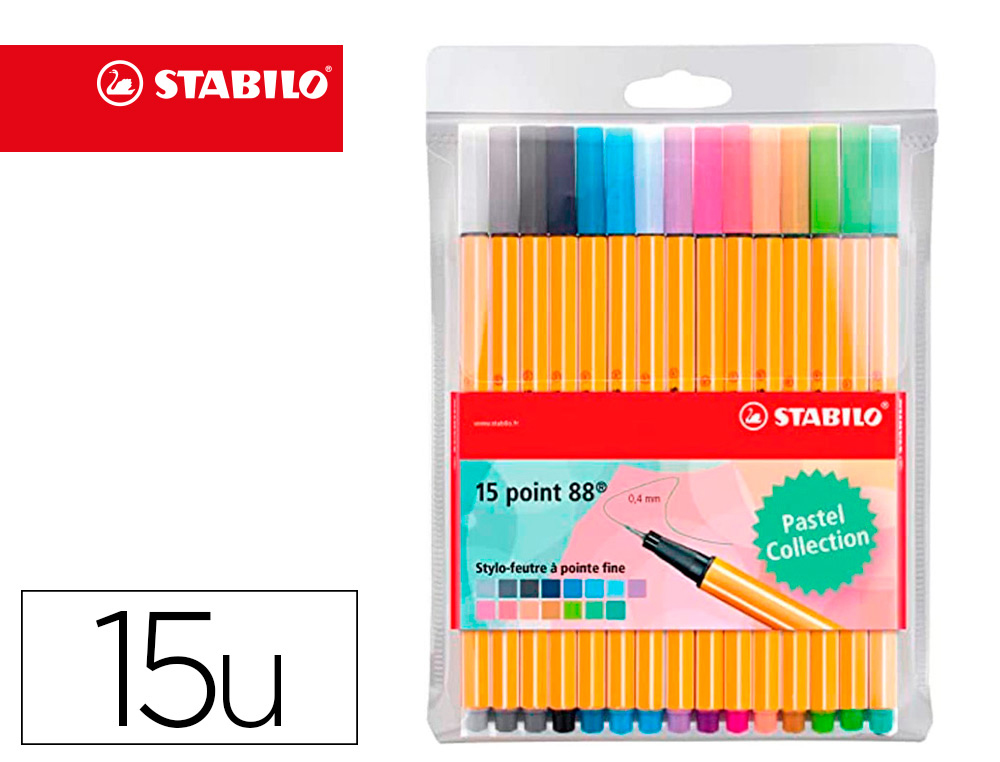 FEUTRE STABILO BOSS POINTE MOYENNE 1MM PASTEL POCHETTE   DE 15 COLORIS ASSORTIS