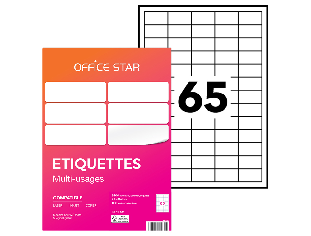 ETIQUETTE OFFICE STAR IMPRESSION LASER JET ENCRE ET COPIEUR 38X21,2MM COLORIS     BLANC POCHETTE 6500 UNITES