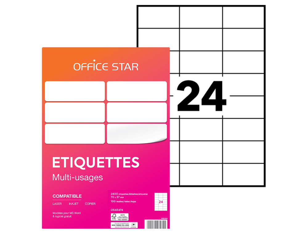 ETIQUETTE OFFICE STAR IMPRESSION LASER JET ENCRE ET COPIEUR 70X37MM COLORIS BLANC POCHETTE 2400 UNITES