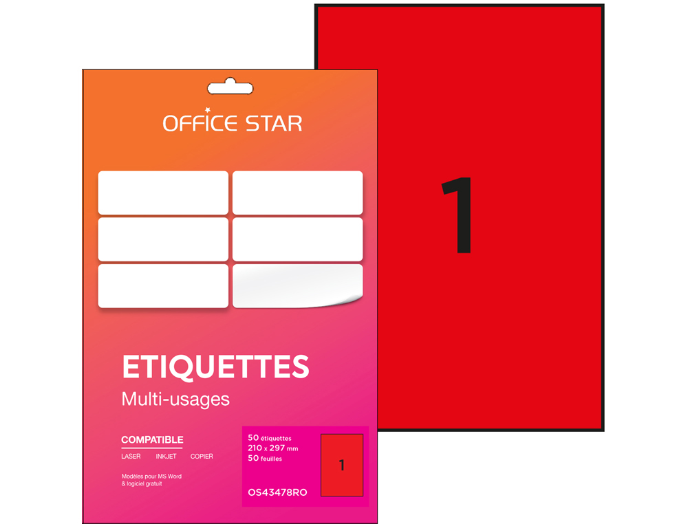 ETIQUETTE OFFICE STAR IMPRESSION LASER JET ENCRE ET COPIEUR 210X297MM COLORIS     ROUGE POCHETTE 50 UNITES