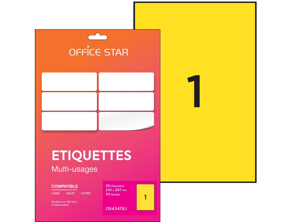 ETIQUETTE OFFICE STAR IMPRESSION LASER JET ENCRE ET COPIEUR 210X297MM COLORIS     JAUNE POCHETTE 100 UNITES