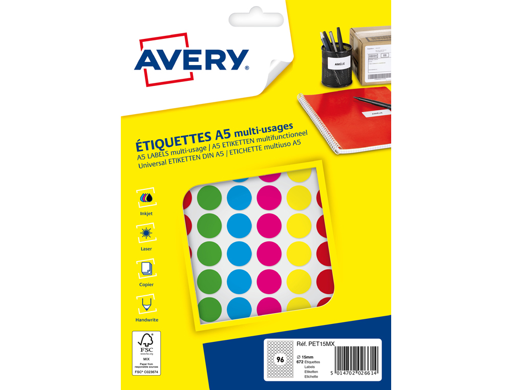 PASTILLE ADHESIVE APLI IMPRESSION LASER JET ENCRE ET COPIEUR DIAMETRE 15MM         PERMANENTE COLORIS ASSORTIS