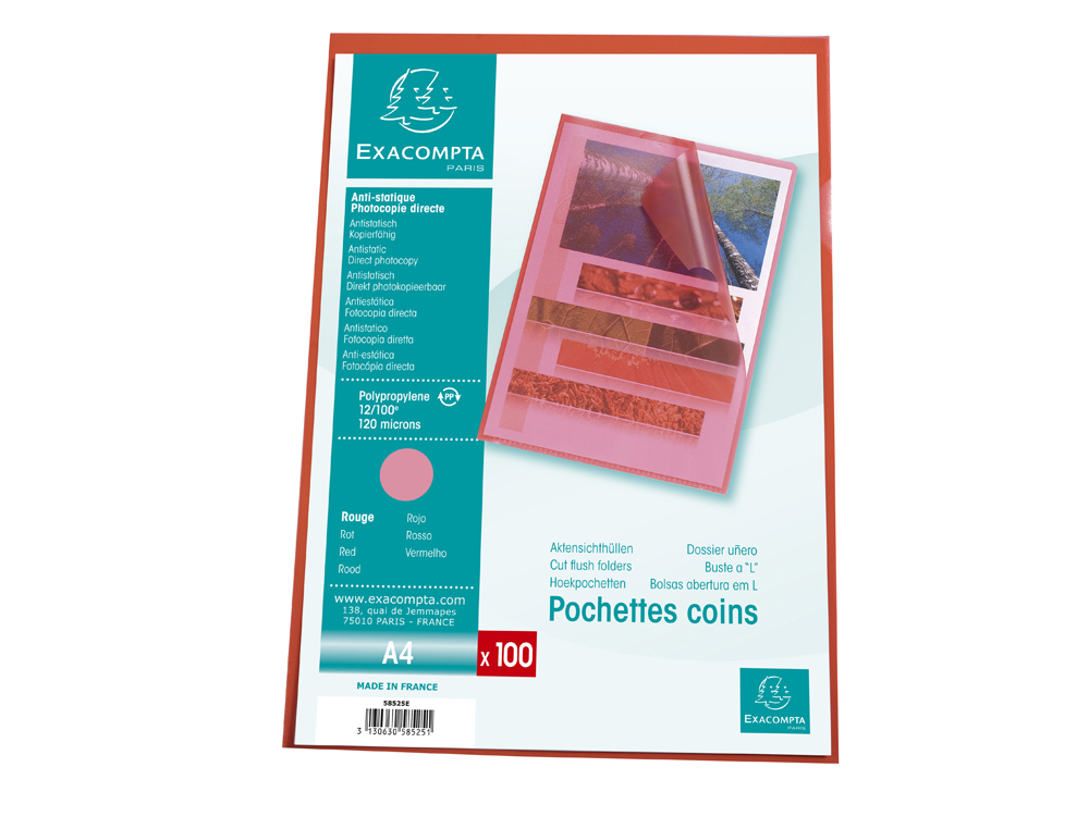 POCHETTE COIN EXACOMPTA A4 PP GRAINE 12/100EME 120 MICRONS  COLORIS ROUGE PAQUET 100      UNITES