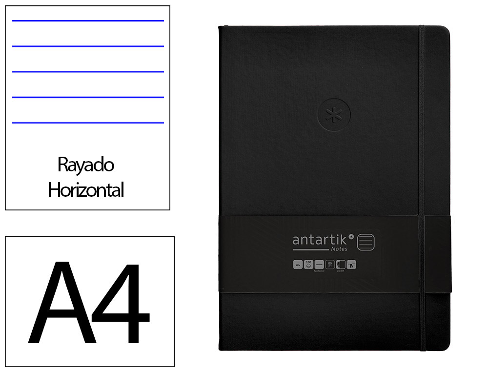 CARNET A4 ANTARTIK NOTES LIGNECOUVERTURE RIGIDE FERMETURE   ELASTIQUE 100 PAGES 80GR      COLORIS NOIR