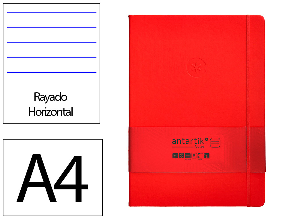 CARNET A4 ANTARTIK NOTES LIGNECOUVERTURE RIGIDE FERMETURE   ELASTIQUE 100 PAGES 80GR      COLORIS ROUGE