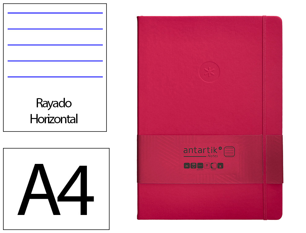 CARNET A4 ANTARTIK NOTES LIGNECOUVERTURE RIGIDE FERMETURE   ELASTIQUE 100 PAGES 80GR      COLORIS FRAMBOISE