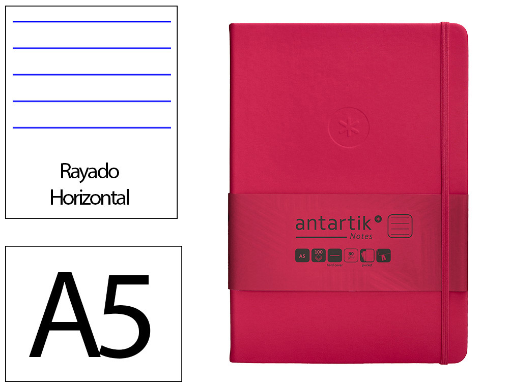CARNET A5 ANTARTIK NOTES LIGNECOUVERTURE RIGIDE FERMETURE   ELASTIQUE 100 PAGES 80GR      COLORIS FRAMBOISE