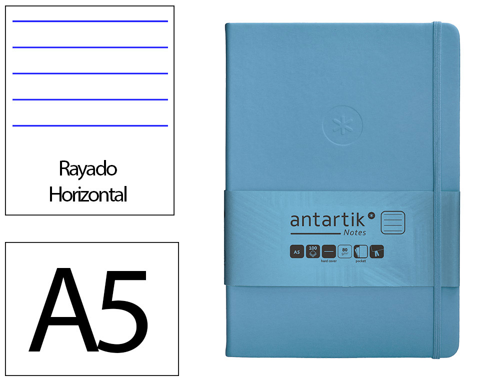 CARNET A5 ANTARTIK NOTES LIGNECOUVERTURE RIGIDE FERMETURE   ELASTIQUE 100 PAGES 80GR      COLORIS BLEU CIEL