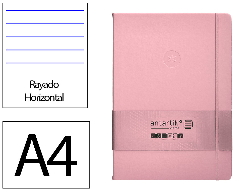CARNET A4 ANTARTIK NOTES LIGNECOUVERTURE RIGIDE FERMETURE   ELASTIQUE 100 PAGES 80GR      COLORIS ROSE PASTEL