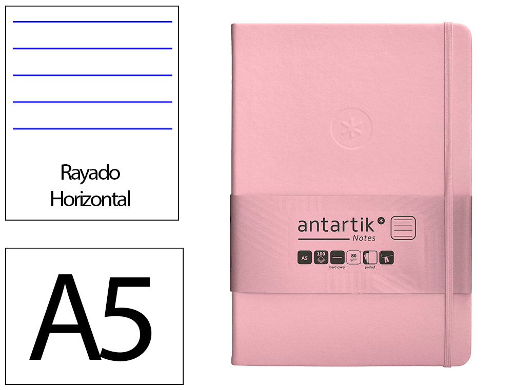 CARNET A5 ANTARTIK NOTES LIGNECOUVERTURE RIGIDE FERMETURE   ELASTIQUE 100 PAGES 80GR      COLORIS ROSE PASTEL